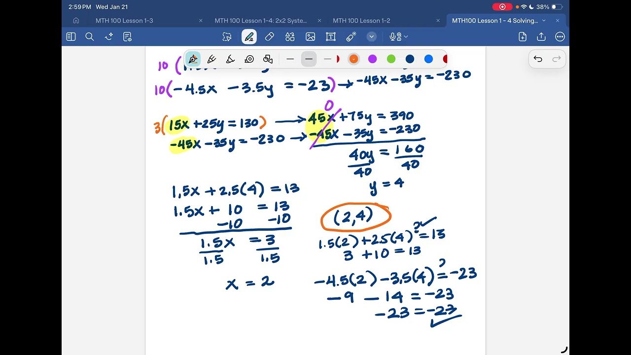 Solving 2 x 2 Systems that Involve Decimal Coefficients
