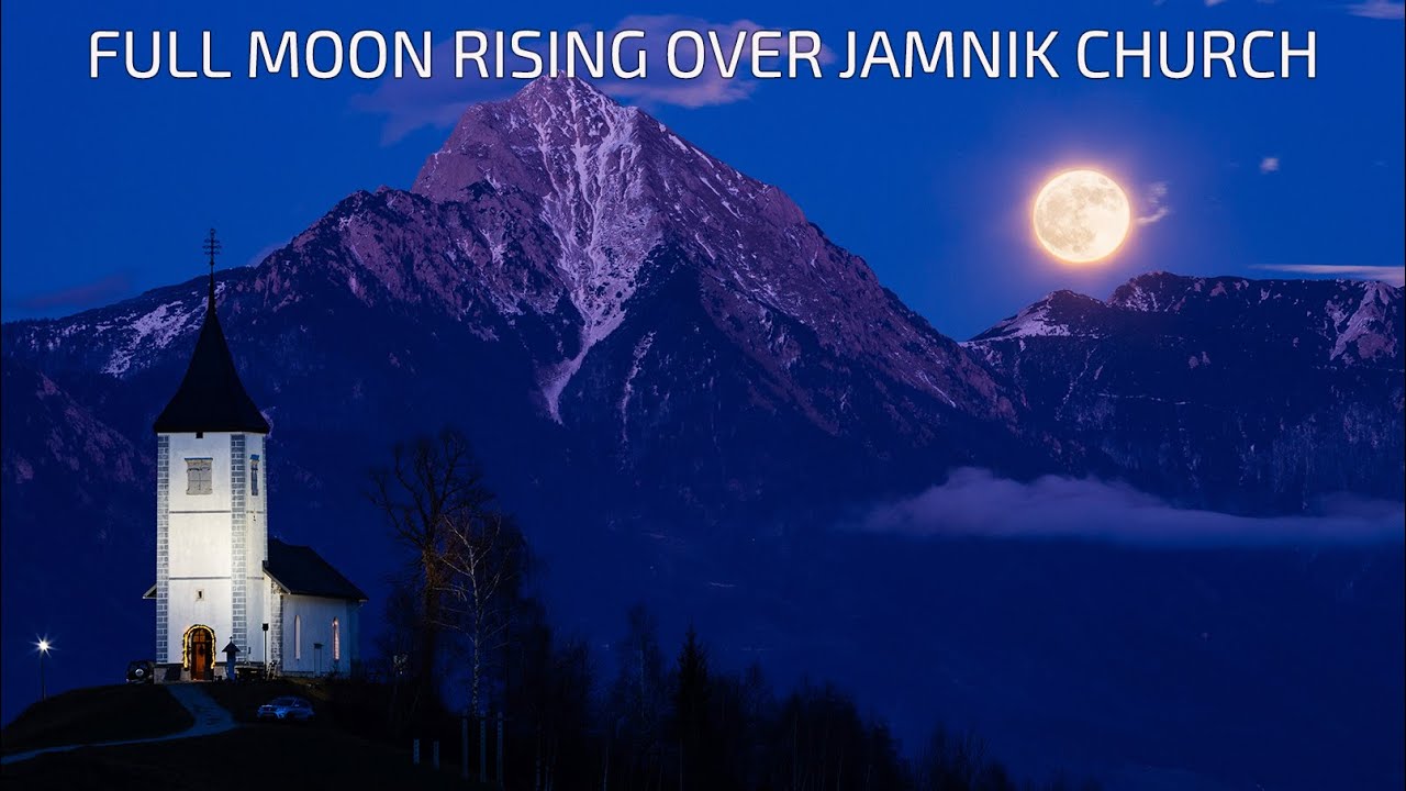 Photographing the full moon rising over Jamnik Church and the Kamnik Alps.