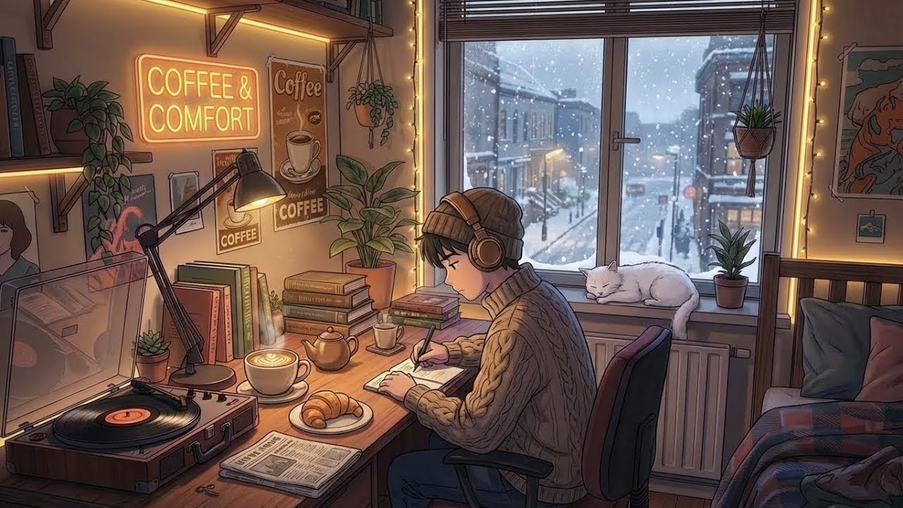 Coffee & Comfort ☕❄️ Cozy Lofi Beats for Study, Work & Relaxing Snowy Night Ambience