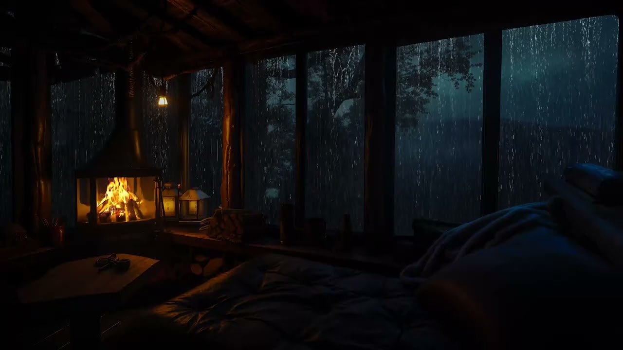 Cozy Rainy Cabin in Night Forest | Fireplace Ambience and Rain on window for Sleeping well