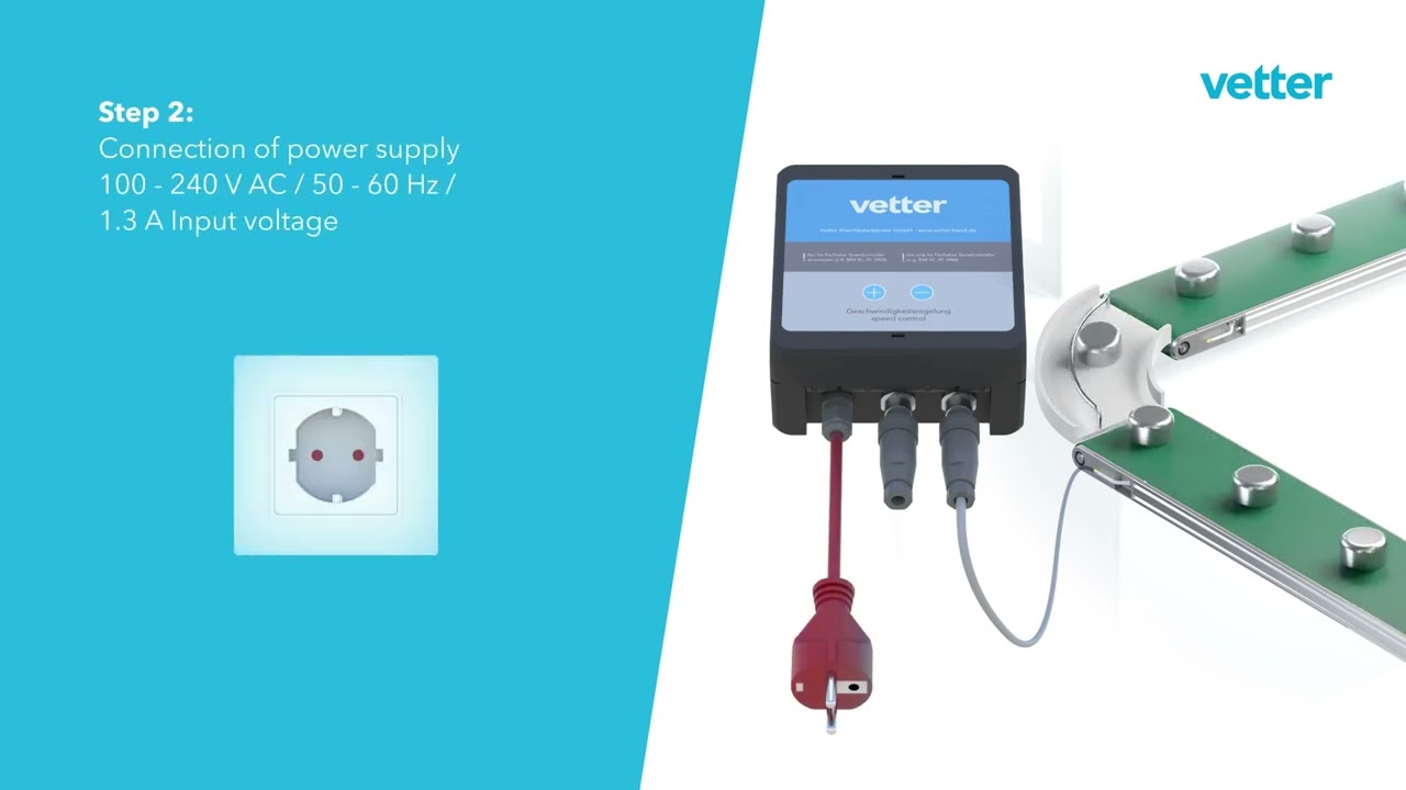Speed control of the Vetter small conveyor with the VR-24-SW-11 setpoint device with voltage supply