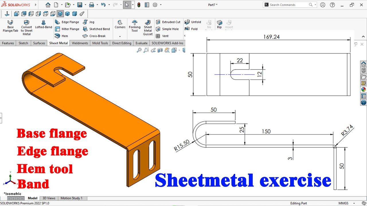 Solidworks Sheetmetal exercise | Edge flange | Base flange | Hem tool |Fold and unfold | SW tutorial