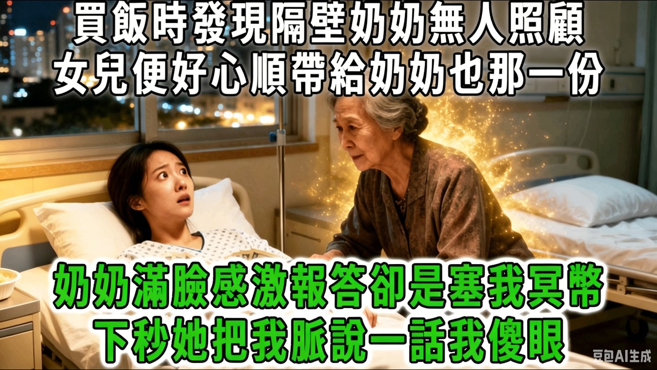 加班過度住院8歲女兒來陪我，買飯時發現隔壁奶奶無人照顧，女兒便好心順帶給奶奶也那一份，奶奶滿臉感激報答卻是塞我冥幣，女兒高興收下我懊惱沒好報，誰料下秒她把我脈說一話我傻了！#荷上清風 #爽文