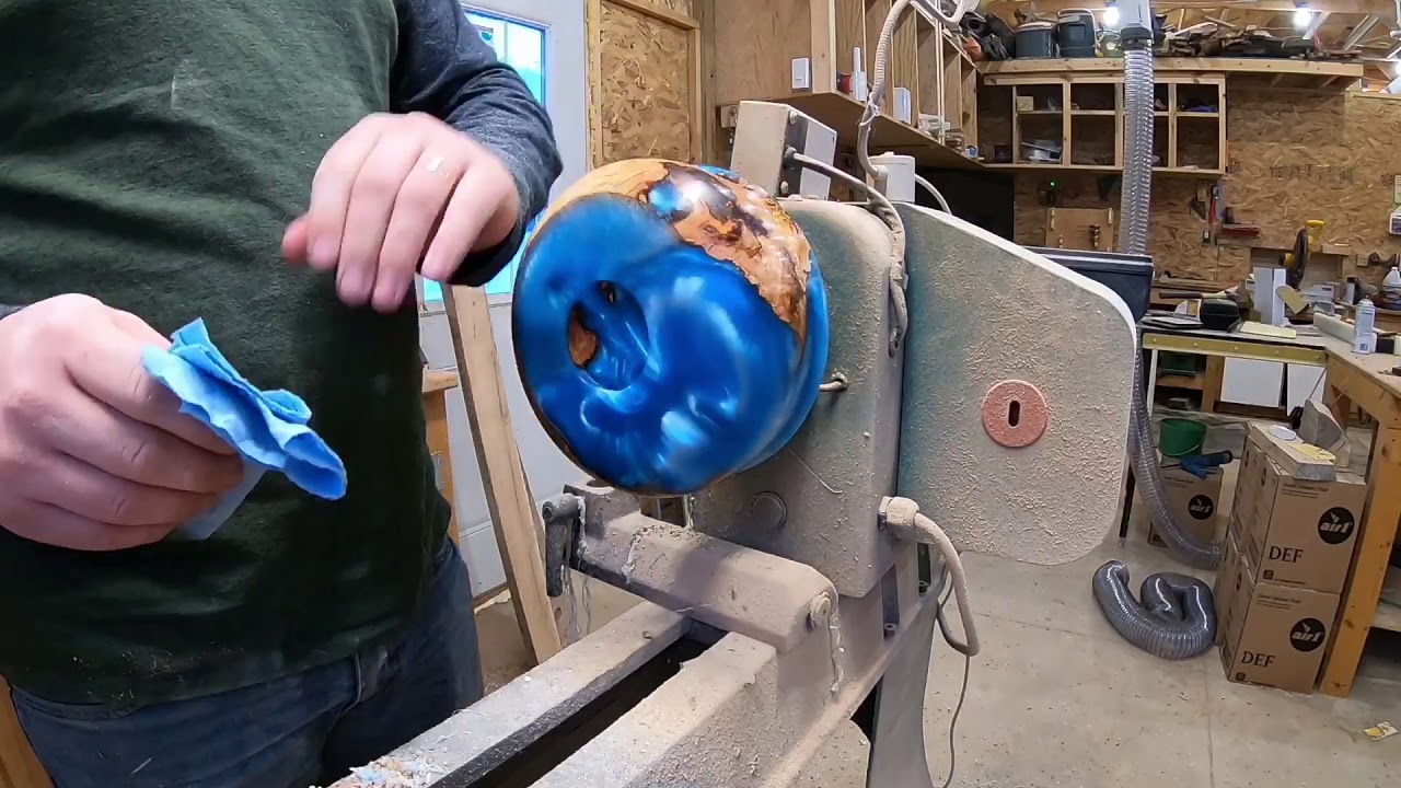 Woodturning a Cherry burl blue resin bowl