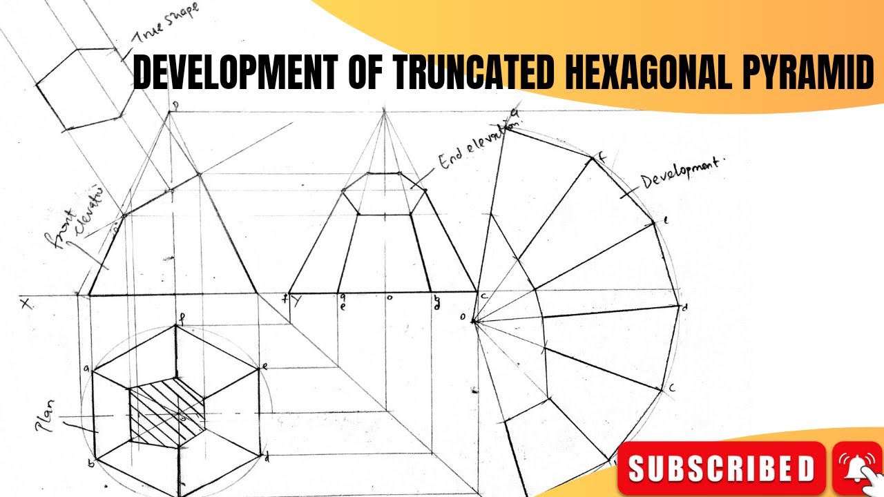 Surface development of a truncated hexagonal pyramid | engineering drawing