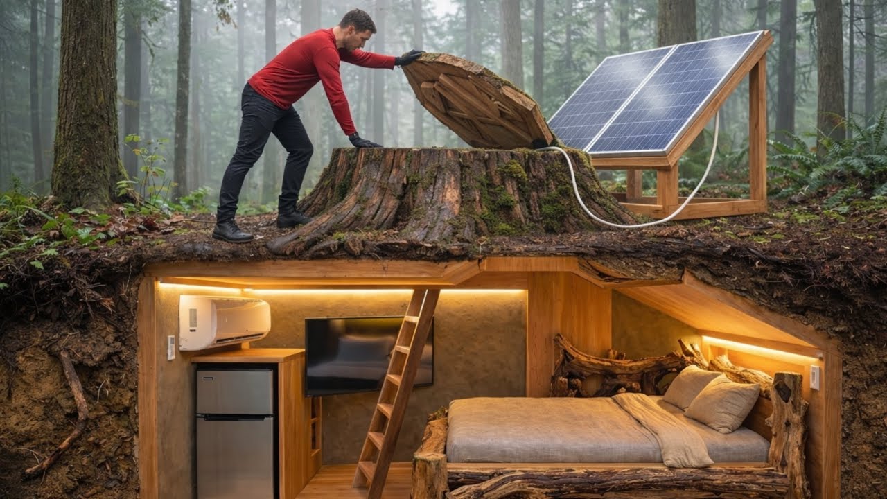 Building a house in the forest (ASMR) - This man built a mini house inside a tree trunk by himself