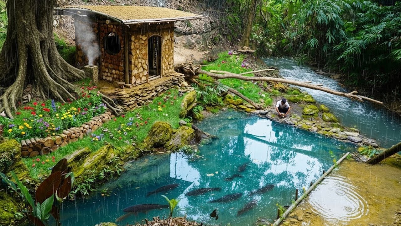 Full Video: Building a Bushcraft Farm by a Forest Stream | Mud & Wood House, Fish Pon