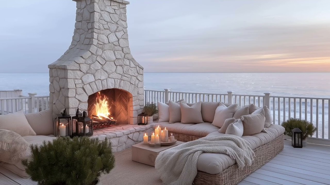 Cozy Winter Beachfront | Fireplace Crackling & Ocean Sounds ASMR for Relaxation