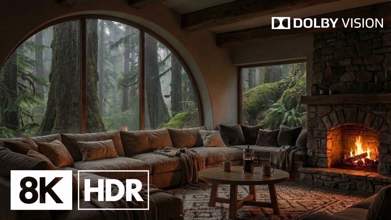 8K Cozy Forest Cabin Rain Ambience 🌲🌧️ – 2 Hours of Fireplace & Nature Sounds