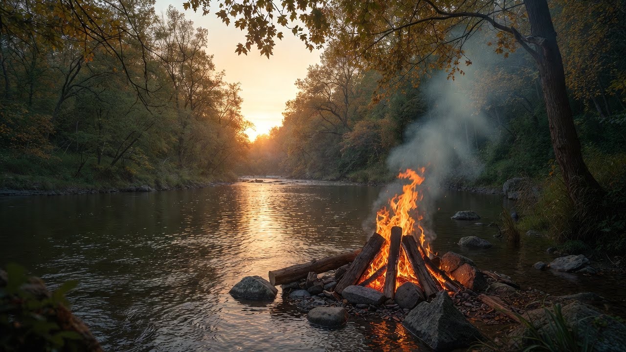 Relaxing Campfire by the River at Sunset | Autumn Nature Ambience