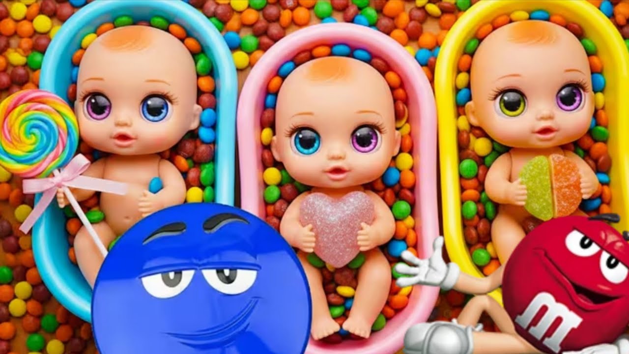Full of 3 Rainbow BathTubs Candy with M&M's & Magic Slime Cutting Video
