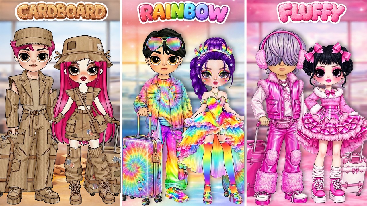 Huntrix & Saja Boys Couple Glow Up in Cardboard, Rainbow & Fluffy AirPlane Fashion | DIY Paper Dolls
