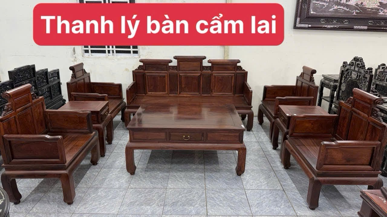 Thanh lý bàn cẩm lai phòng khách xưa, trường kỹ mặt liền tấm, bàn ăn giá rẽ 9 món cẩn, đồ xưa Mekong