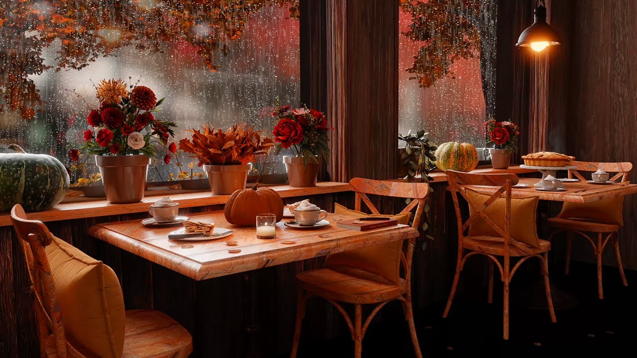 Autumn Cafe Ambience | Super Cozy Rain, Chatter & Distant Thunder Sounds