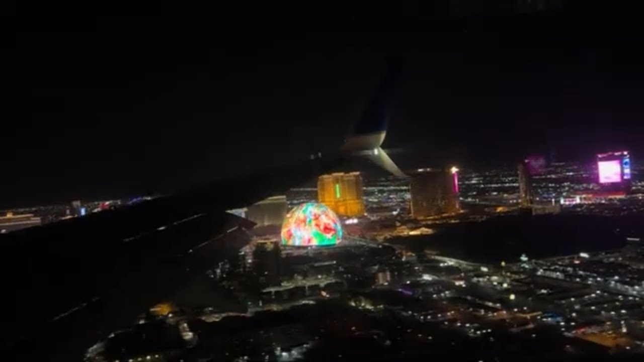 Midnight landing in Las Vegas, views of strip and sphere #LAS