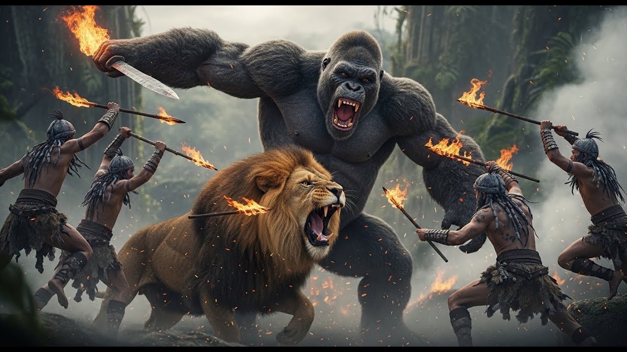 The Tribe of Fire and Ashes, along with King Kong, fight the Lion: Dawn of the Tree King.