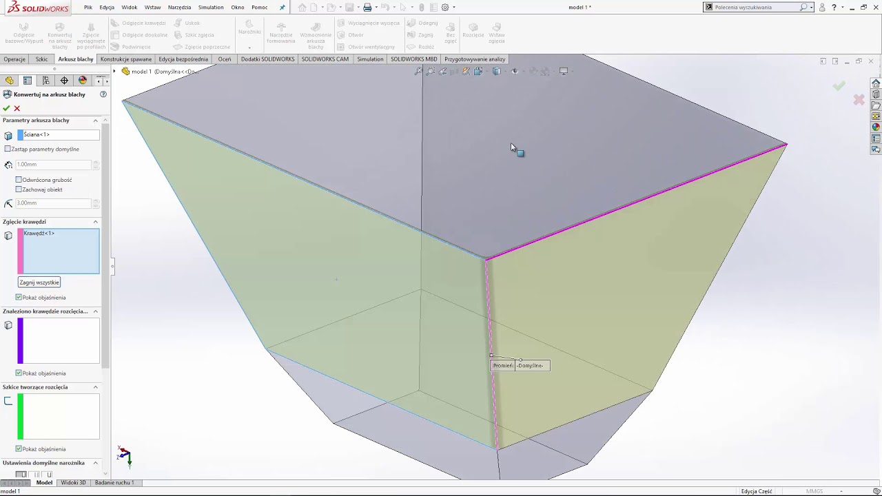 Konwersja na arkusz blachy w SOLIDWORKS
