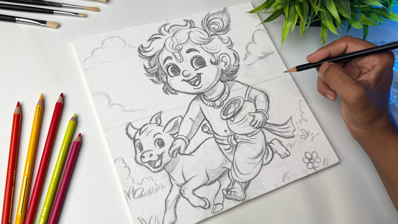 How to Draw Little Krishna | Outline Tutorial for Beginners | Krishna Drawing