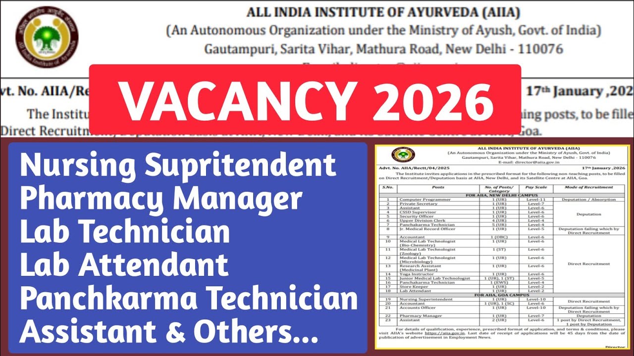 All India Institute Of Ayurveda Paramedical Recruitment 2026 | Aiia lab technician Vacancy 2026 | 