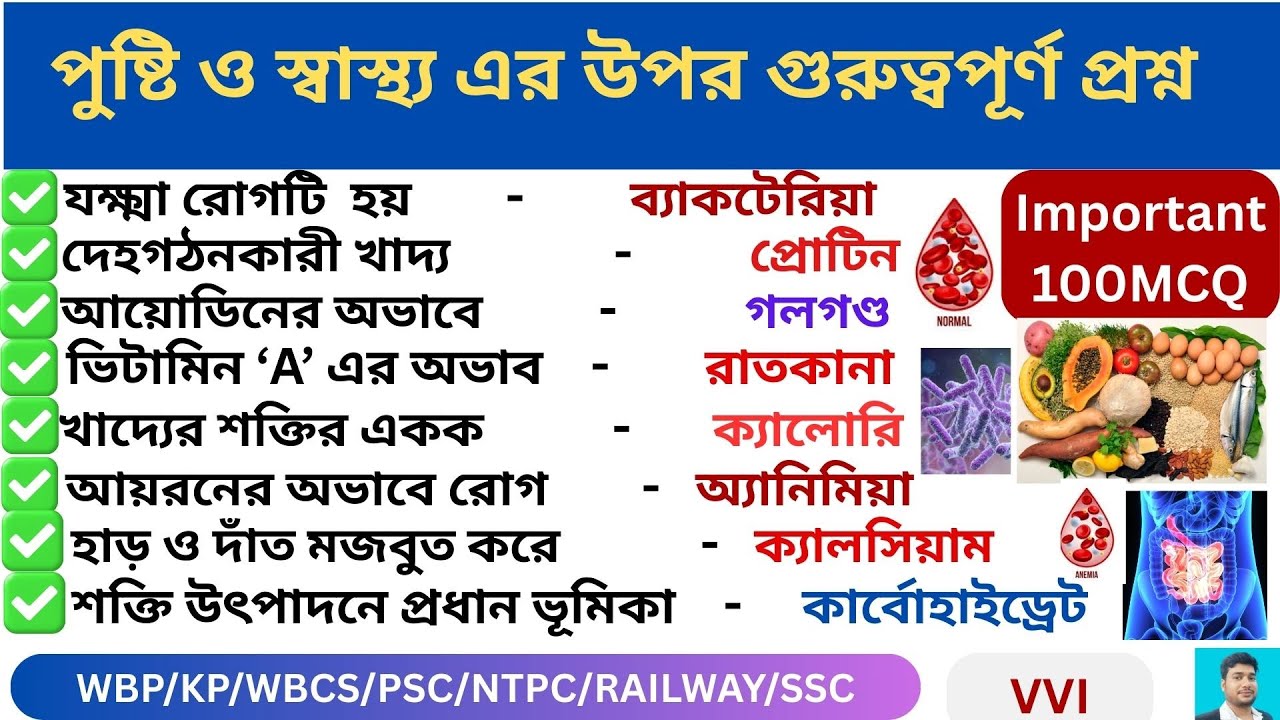 পুষ্টি ও স্বাস্থ্য এর উপর গুরুত্বপূর্ণ 100 প্রশ্ন II Nutrition and Health questions ll science GK