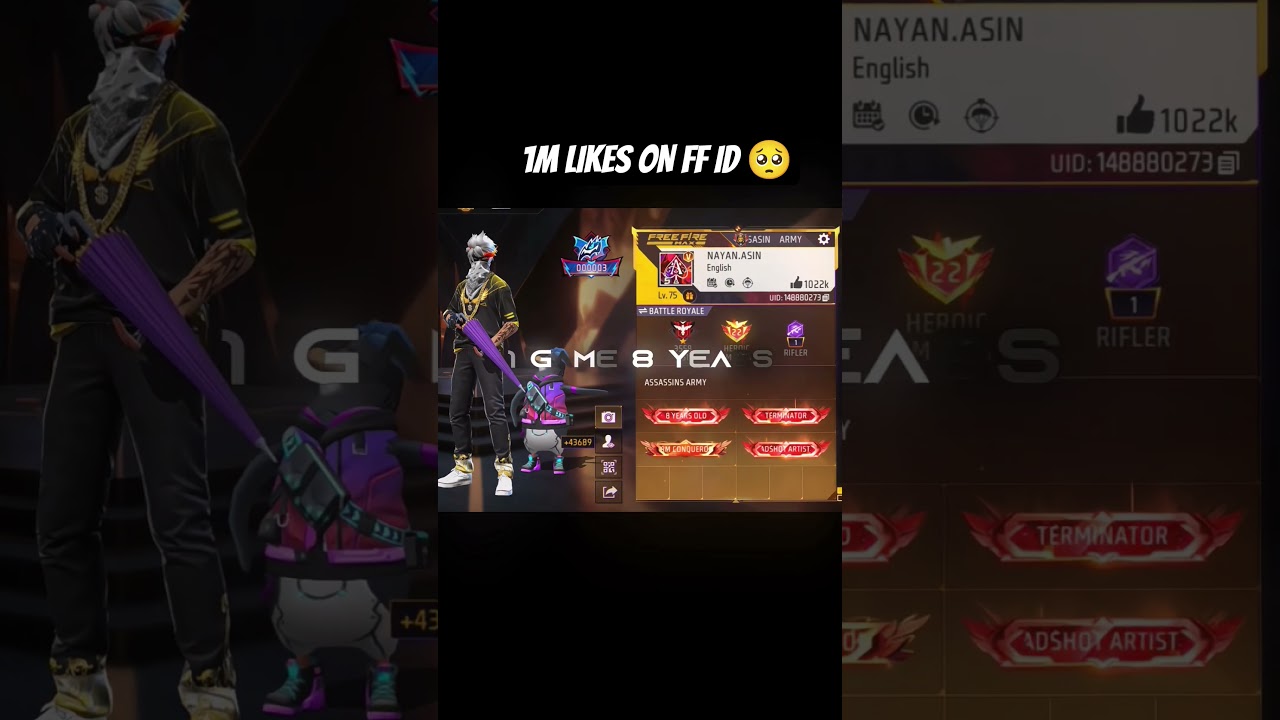 1 game 8 Years 1M Likes Completed On Free Fire Id #shorts #freefire #trending