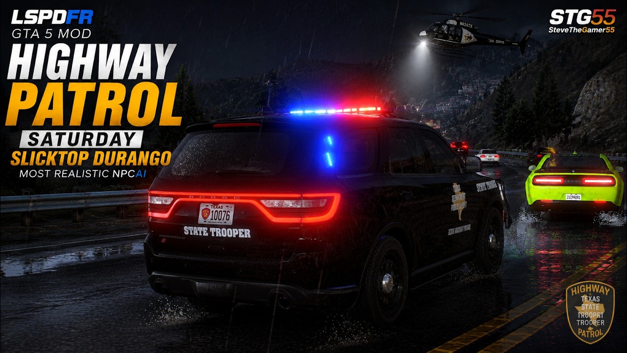 GTA 5 LSPDFR MOD 🚔 Субботний дорожный патруль | Ночная смена в дождь на Slicktop Durango
