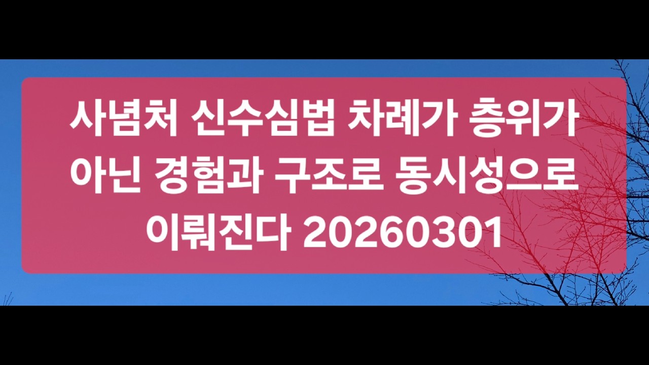 사념처 신 수 심 법에서동시성의 성질로서  신수심은 경험이고 법은 오온 육입처 18계등의 구조와 조건이다 20260301