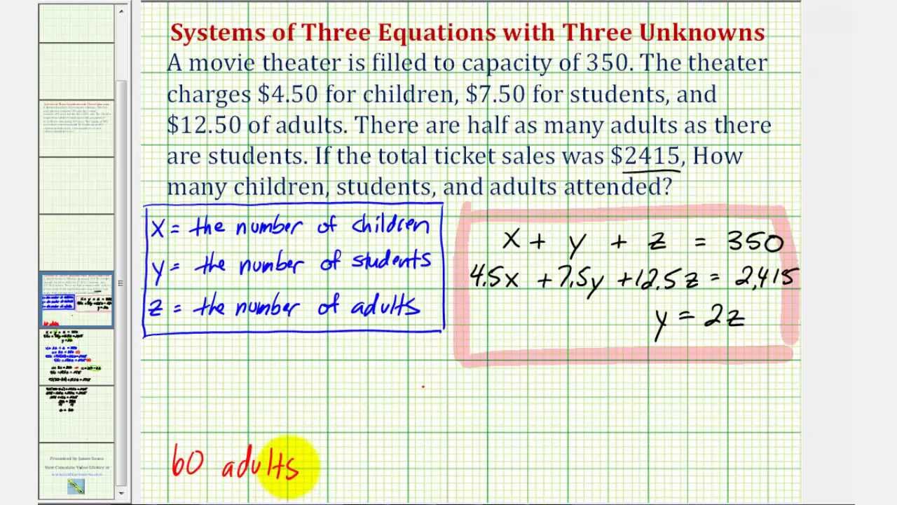 System of 3 Equations with 3 Unknowns Application - Ticket Sales