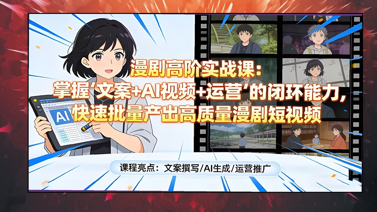 漫剧高阶实战课程，文案AI视频运营闭环，快速批量产出高质量漫剧