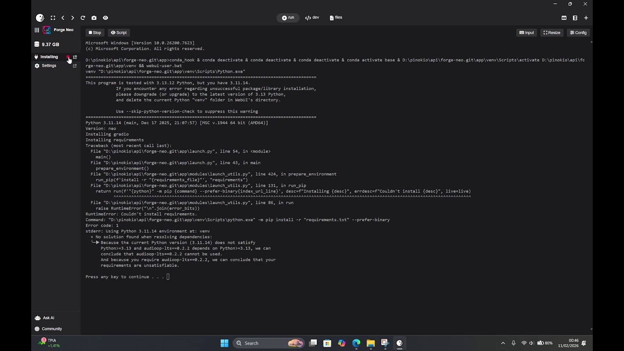 Pinokio Forge-neo error fix python 3.11 to 3.13
