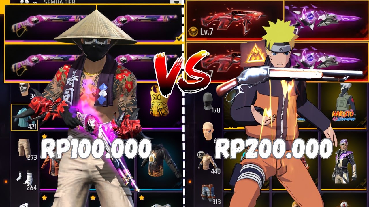 REVIEW AKUN FF HARGA 100.000 VS 200.000!! ADA EVOMAX + BUNDLE NARUTO🥶🔥