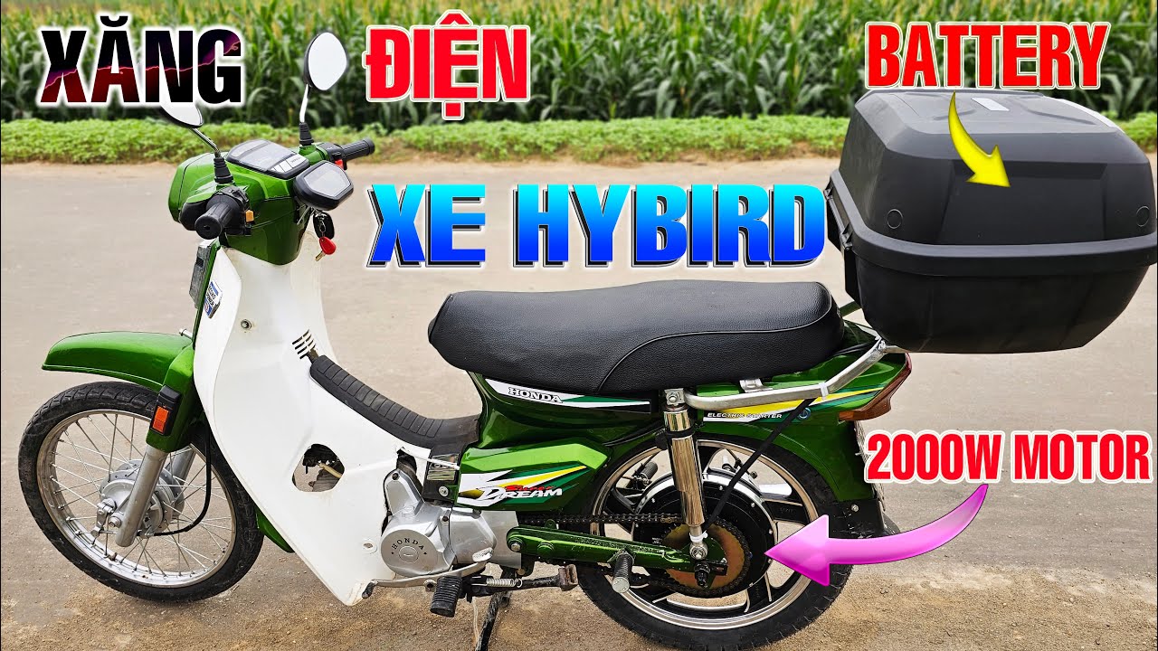 Độ Xe Máy Dream lên xe Hybrid Chạy Xăng Và Điện dùng động cơ Yuma 2000W - Tự Sạc Pin khi chạy xăng