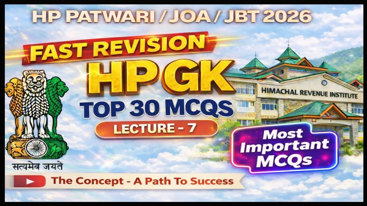 Fast Revision Top MCQs of HP GK : Lecture - 7 for HP Patwari / JBT / JOA-IT of HPRCA Exams 2026 