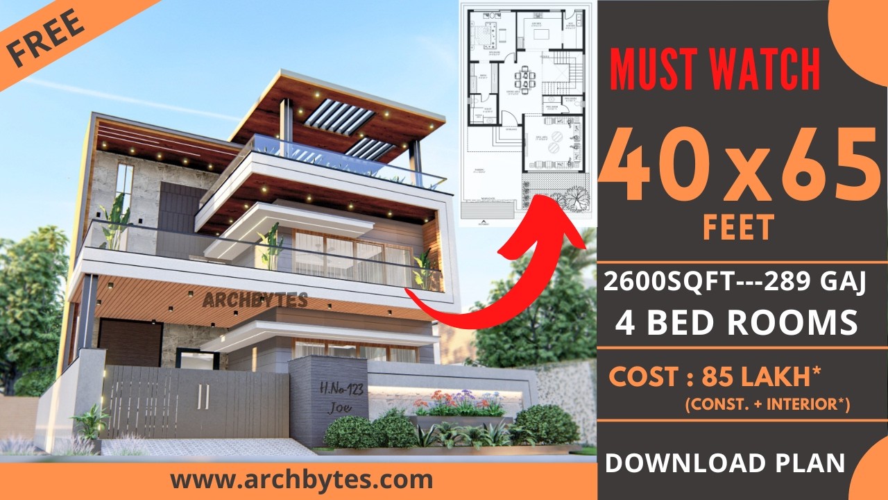 40x65 House Design 3D | 2600 Sqft | 290 Gaj | 4 BHK | Terrace Garden | 12x20 Meters | Archbytes