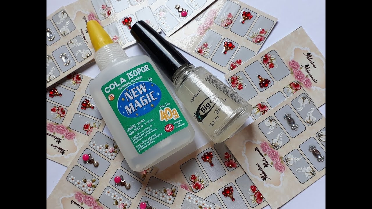 cola isopor + base = joinhas flexível- Adesivos de unhas