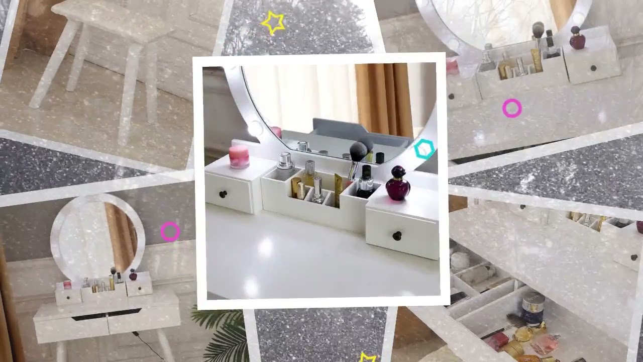 SalonMore Vanity Table Set with Lighted Mirror Round Makeup Vanity Table with 8 Light Bulbs,Bedro...
