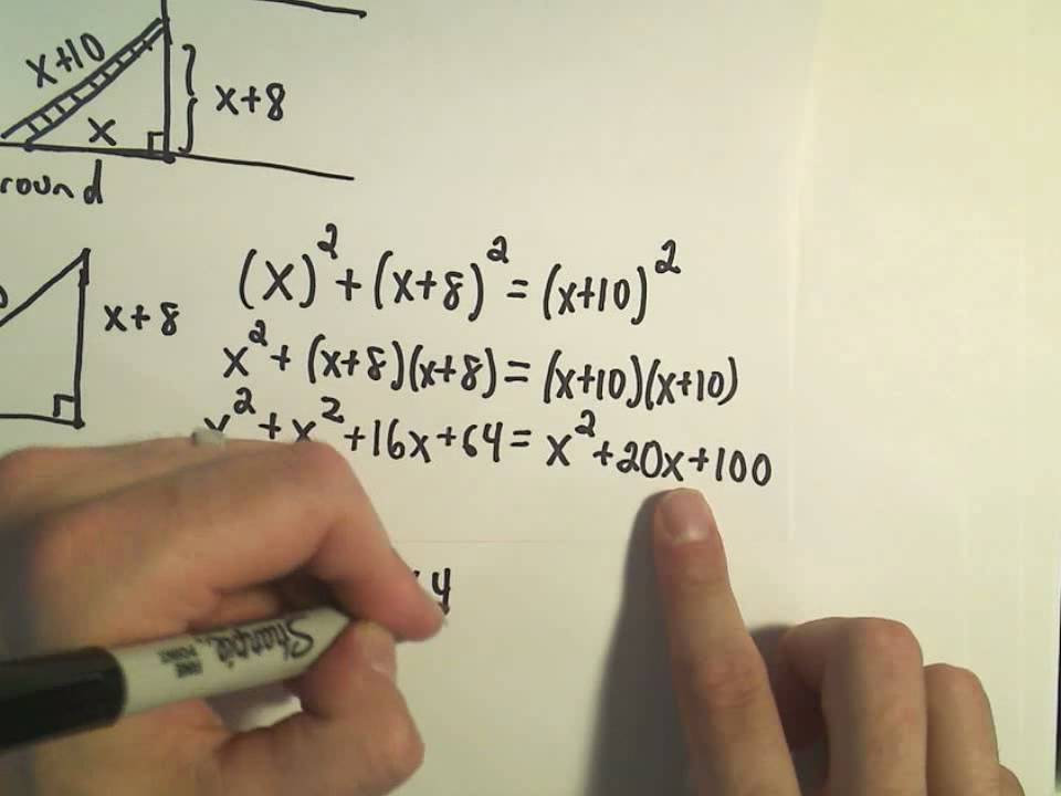 Solving for 'X' ;  Quadratic Equations Involving the Pythagorean Theorem - Example 3