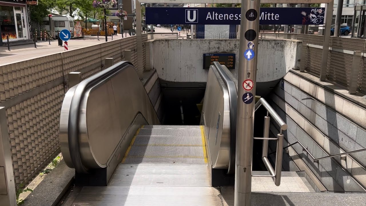 Essen, Germany. 2x KONE Escalator ride down at Altenessen Mitte Stadtbahn Station - Exits D-E