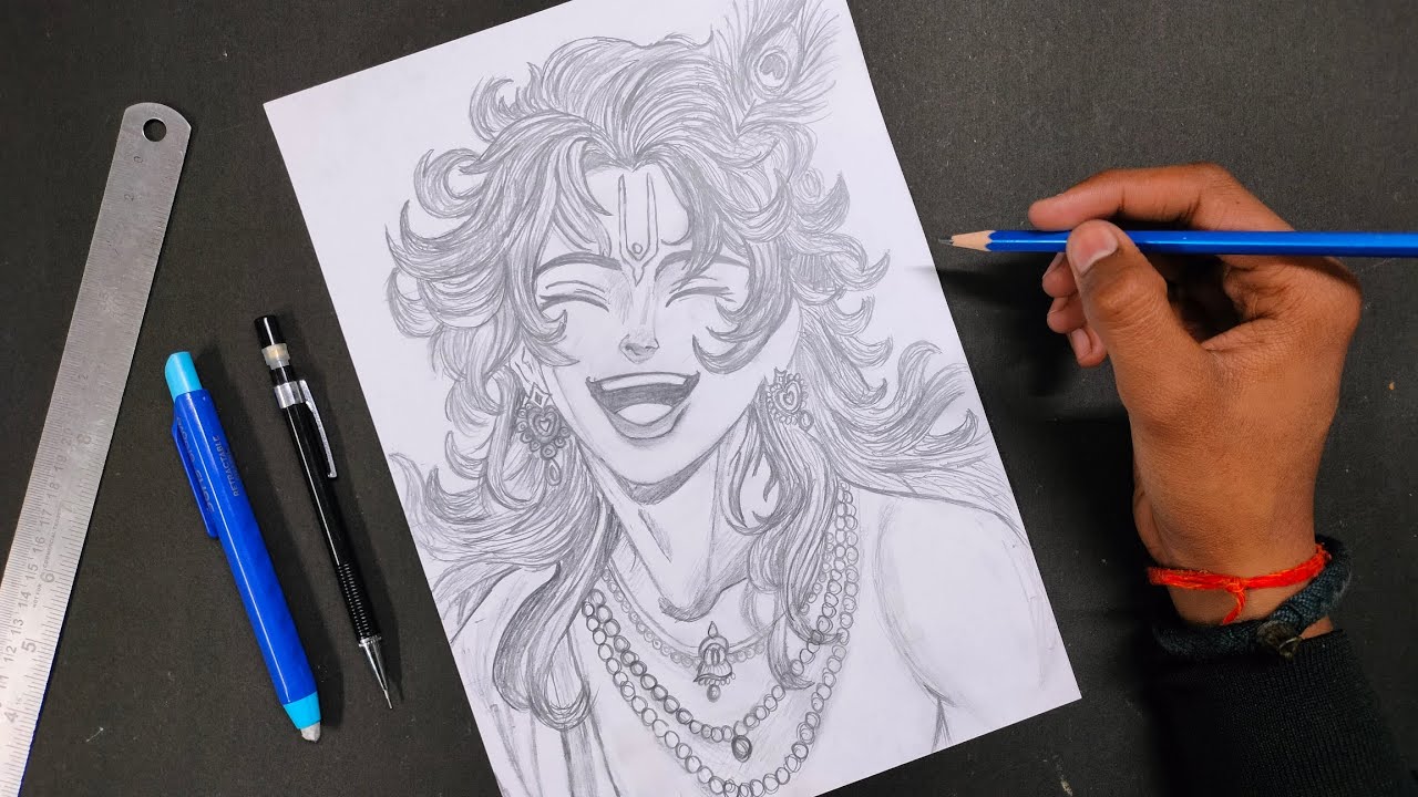 Shree Krishna Drawing In Anime Style, How To Draw Lord Krishna In Anime Style step by step tutorial 