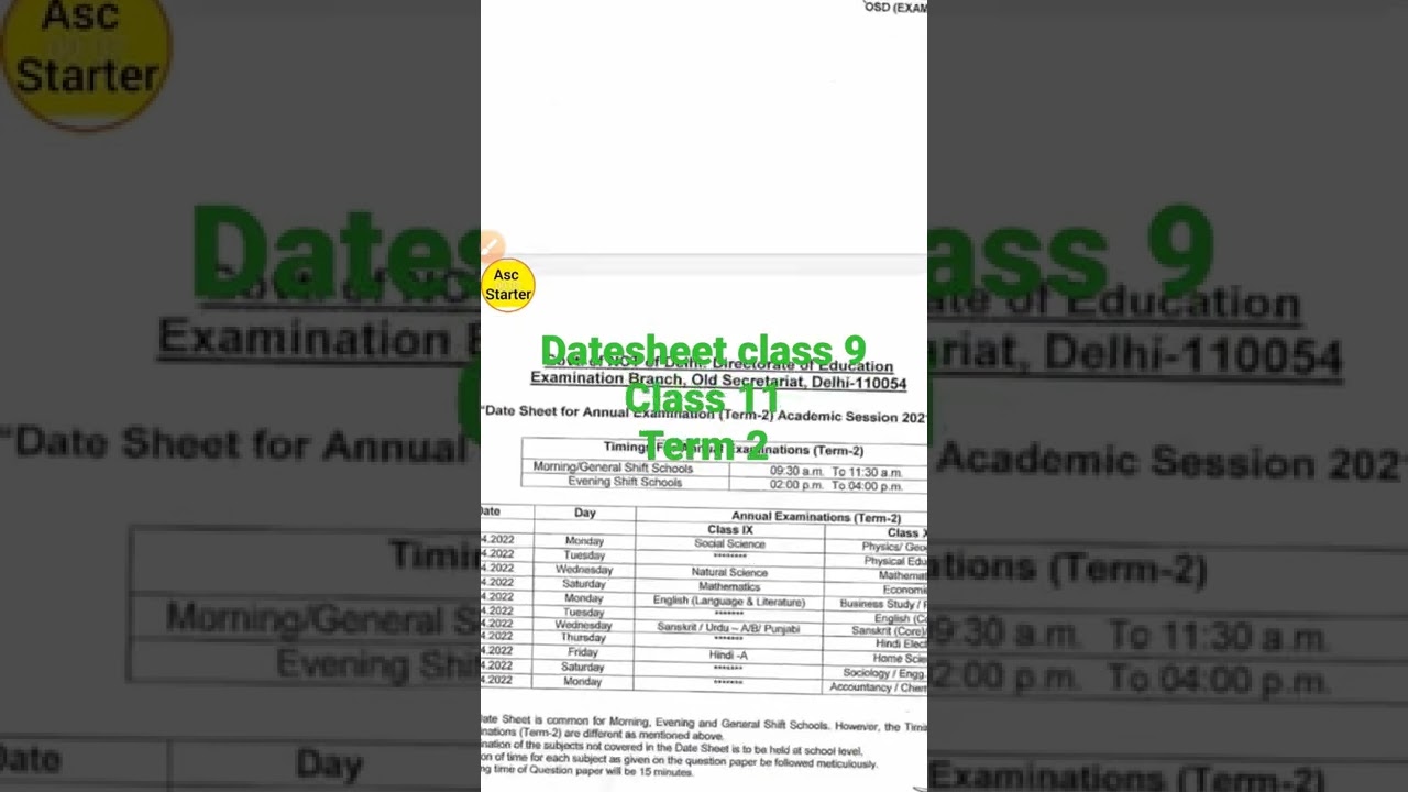 term 2 class 9/11 date sheet /annual exam  March 2022