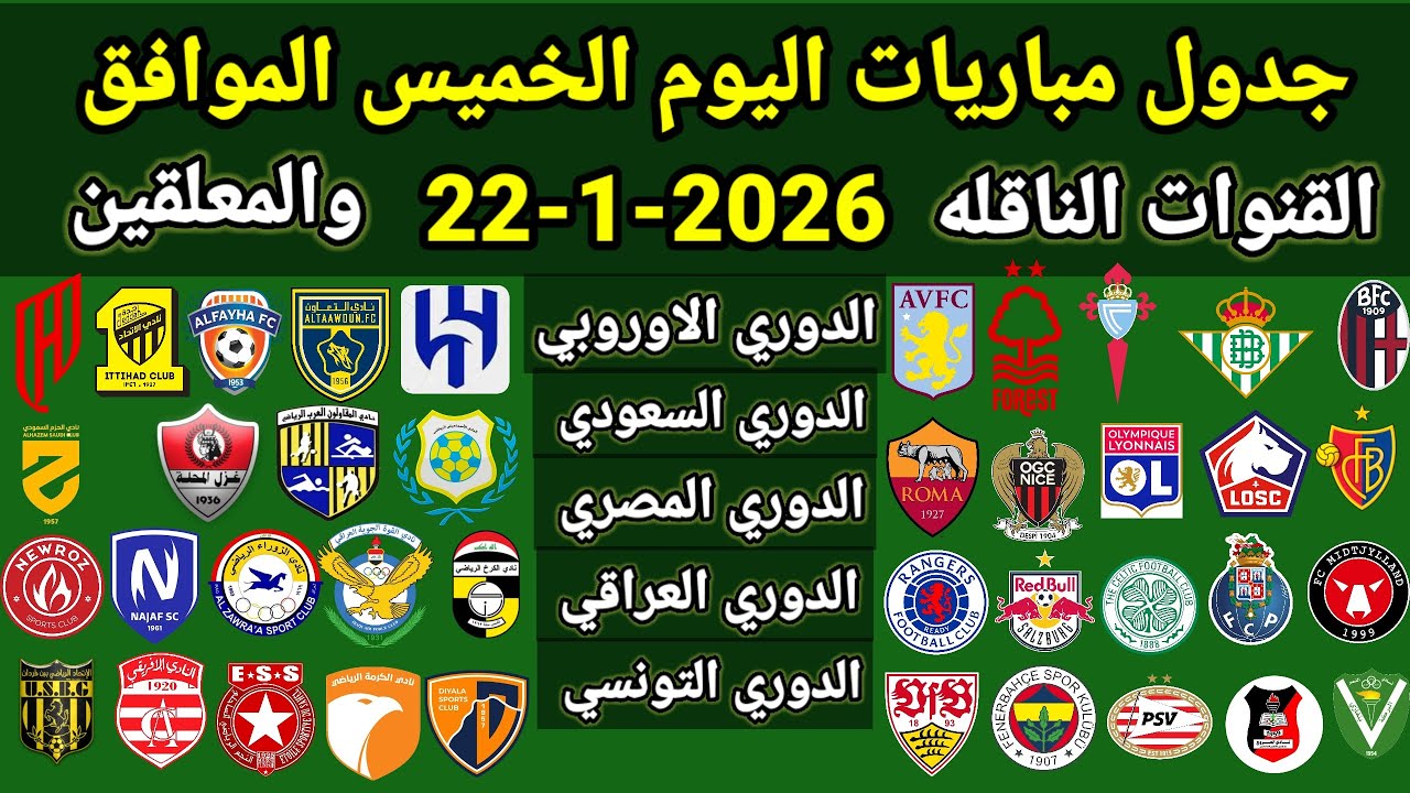 جدول مباريات اليوم الخميس الموافق 22-1-2026 والقنوات الناقله والمعلقين ... جميع مباريات اليوم