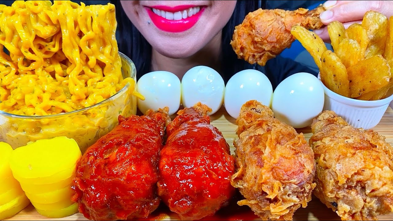 ASMR CHEESY FIRE NOODLES, SPICY FRIED CHICKEN, SOFT BOILED EGG, FRIES MUKBANG MASSIVE Eating Sounds