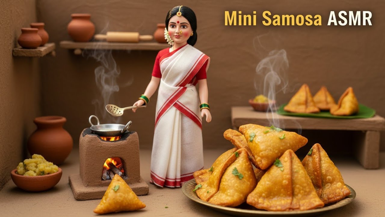 Miniature Doll Samosa Cooking ASMR | Indian Village Tiny Kitchen Street Food.