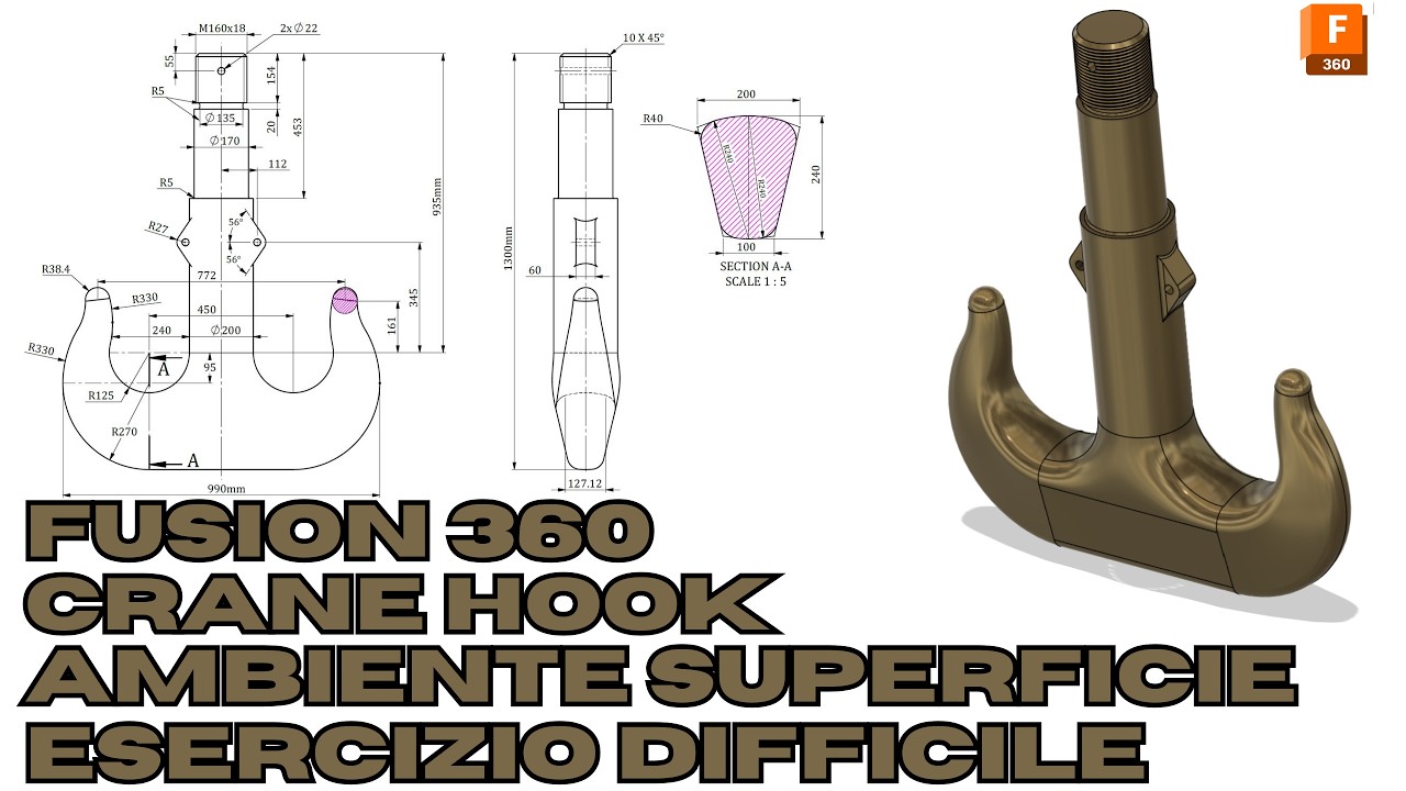 Fusion 360 - Ramshorn crane hook - L'ambiente Superficie - Esercizio difficile