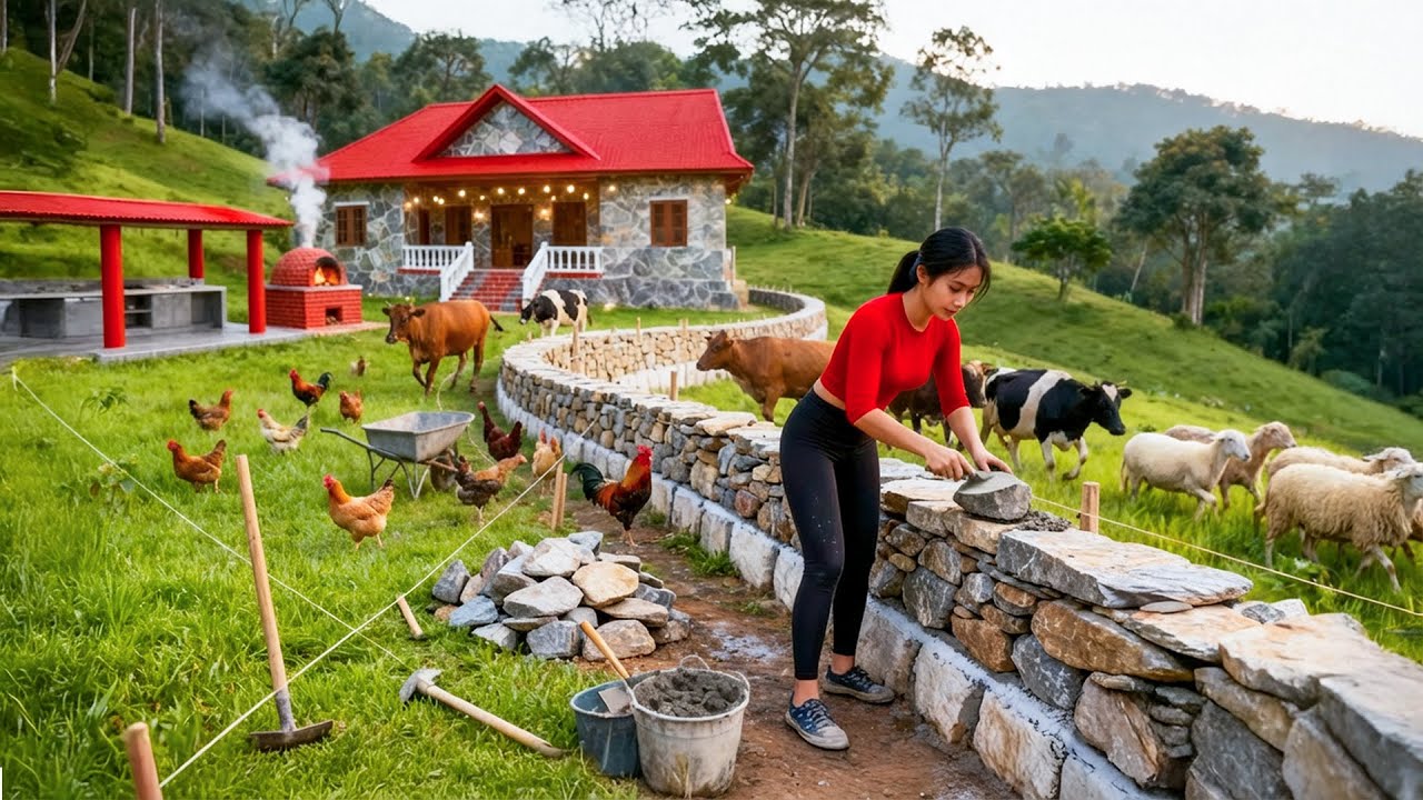 TIMELAPSE – Amazing DIY: Building a 300m² Stone Fence Around the House | Tieu Vy Building 