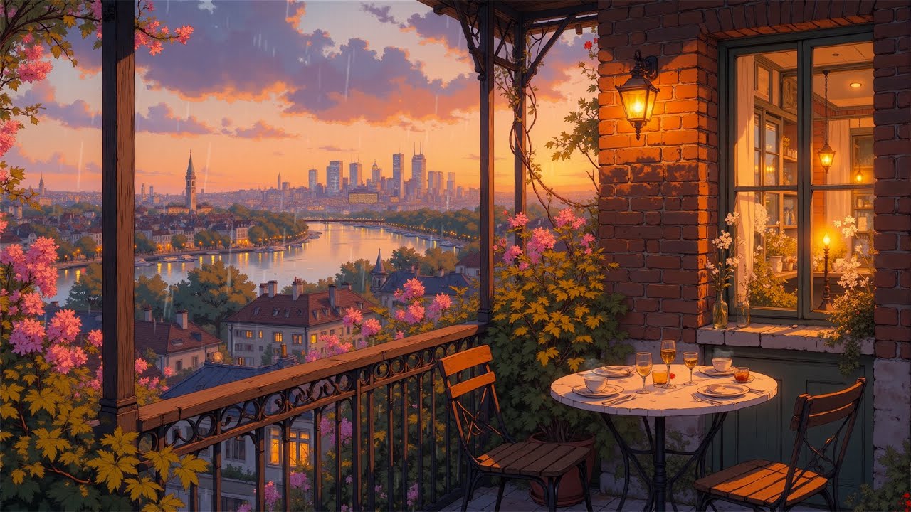 Sunset Rain in the City Sunset 🌆☕ Cozy Balcony & Warm Lights | Lofi Music for Study, Relax & Sleep