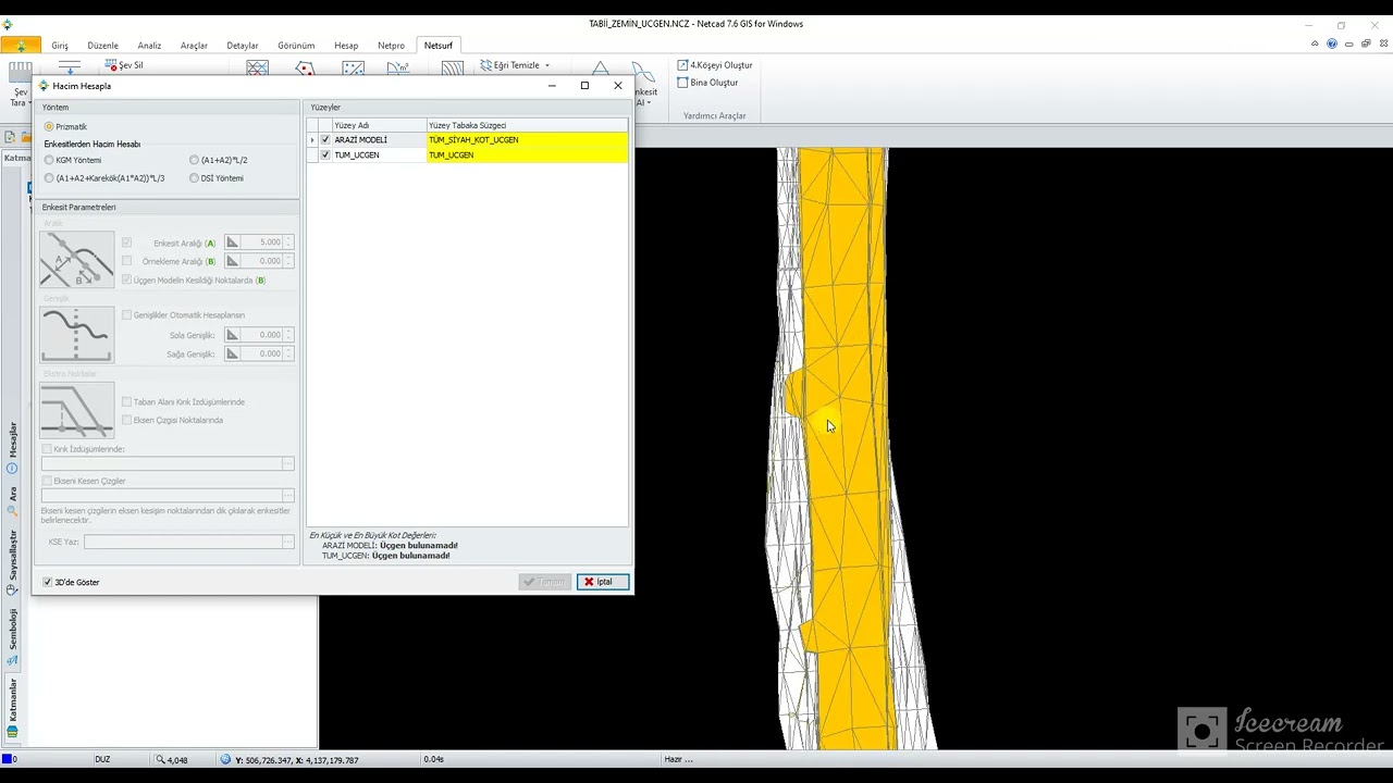 Netcad,netsurf prizmatik yöntemle,güzergah ve enkesit olmadan hacim hesabı nasıl yapılır.