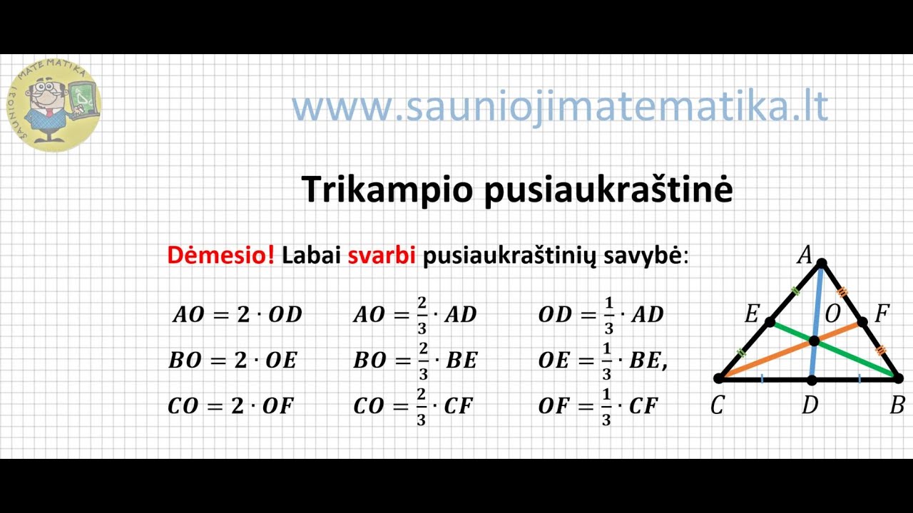 Trikampio pusiaukraštinė (1 dalis): Labai svarbi savybė AO=2∙OD ir jos įrodymas. Pateiktas pavyzdys