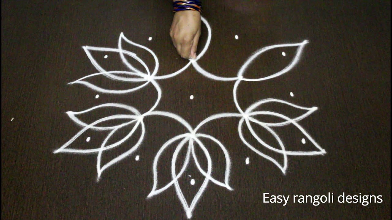 easy lotus rangoli designs with dots for beginners - chukkala muggulu  - simple kolam  designs