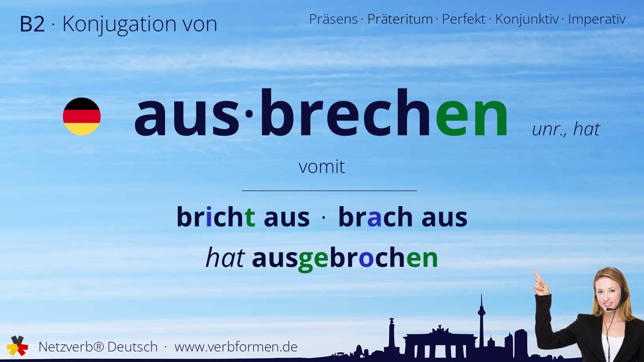 Konjugation Verb „ausbrechen“ (unr., hat) - alle Zeitformen, Lernvideo, Tutorial